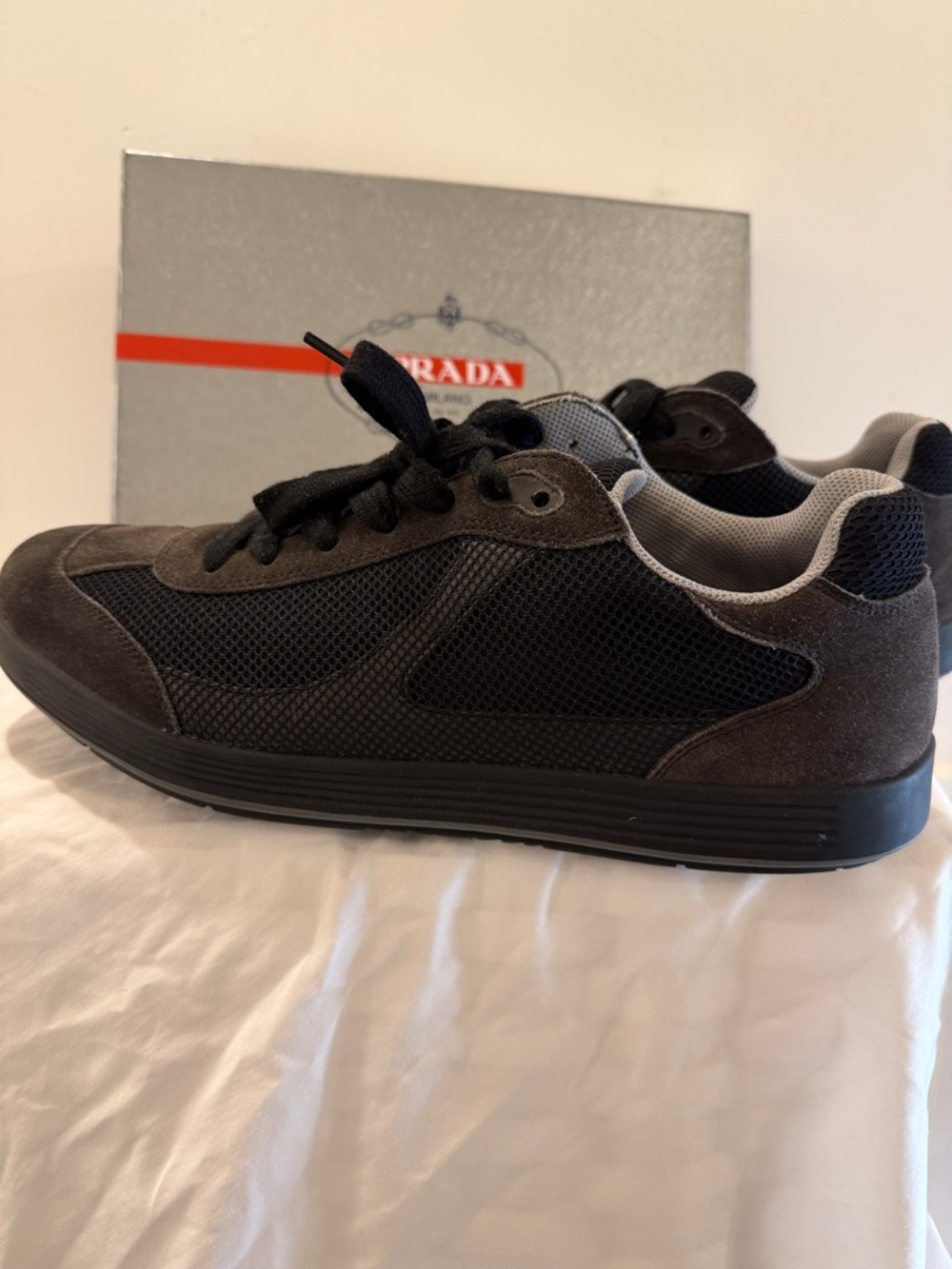 Prada Men's Dark Brown and Black Suede Mesh Sneakers - Picture 7 of 15